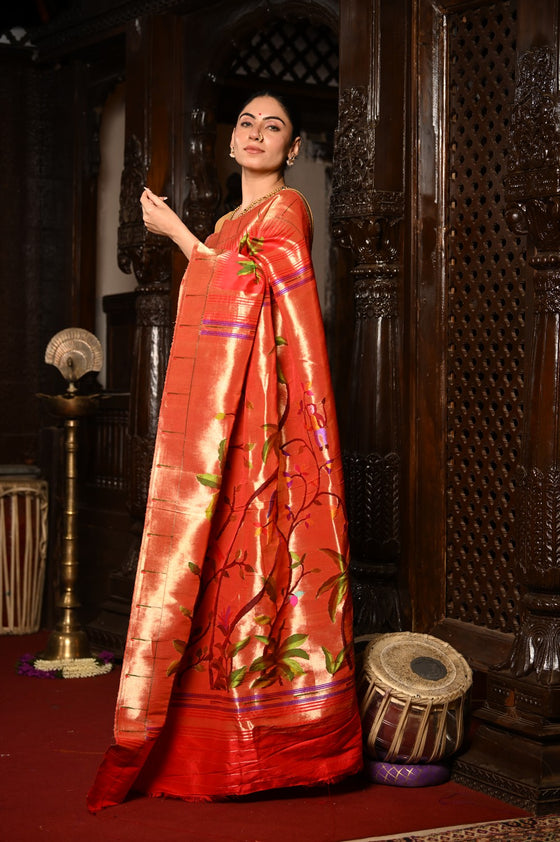 Mahalakshmi ~ Handloom Pure Silk All Over Paithani with Jungle Theme Work in Red