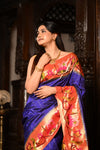 Mahalakshmi ~ Handloom Pure Silk Paithani with Swan Border in Royal Blue
