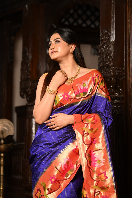 Mahalakshmi ~ Handloom Pure Silk Paithani with Swan Border in Royal Blue