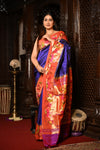 Mahalakshmi ~ Handloom Pure Silk Paithani with Swan Border in Royal Blue