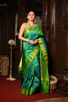 Mahalakshmi ~ Handloom Pure Silk Maharani Paithani with Maharani Pallu in Dual Tone Blue Green