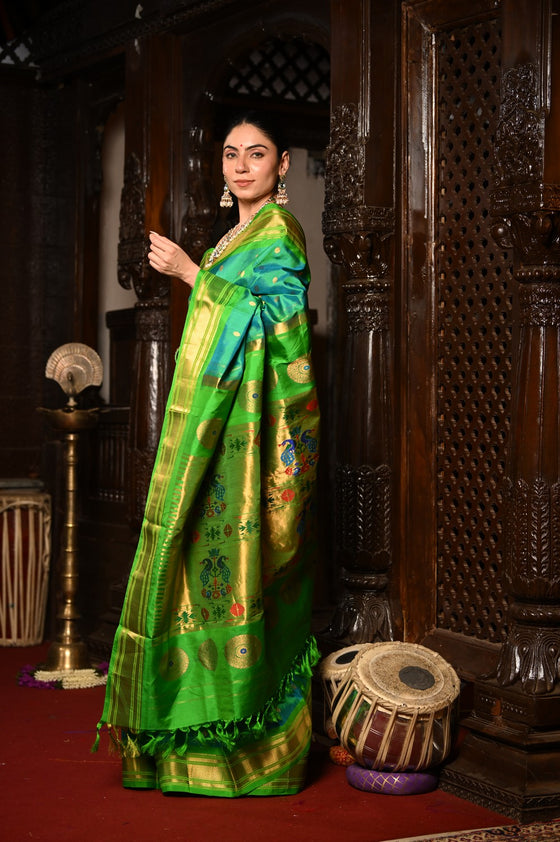 Mahalakshmi ~ Handloom Pure Silk Maharani Paithani with Maharani Pallu in Dual Tone Blue Green