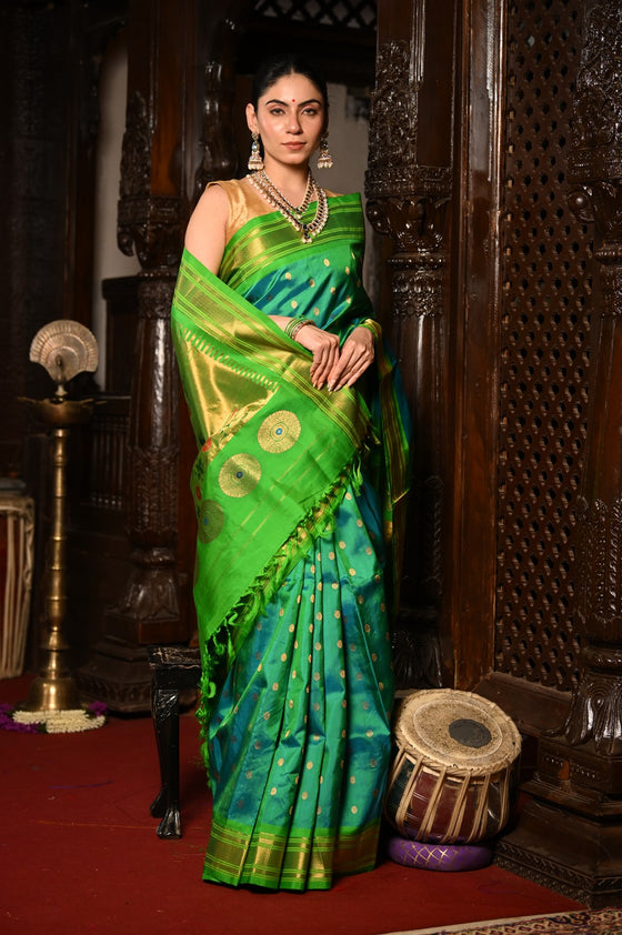 Mahalakshmi ~ Handloom Pure Silk Maharani Paithani with Maharani Pallu in Dual Tone Blue Green