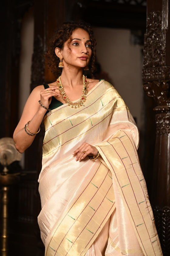 Mahalakshmi ~ Handloom Pure Silk Triple Muniya Border Paithani with Deer Pallu in Ivory