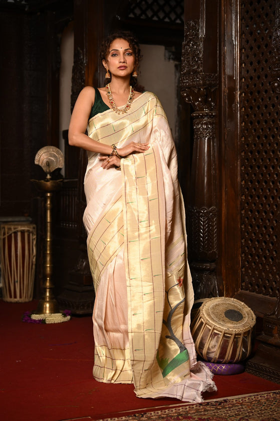 Mahalakshmi ~ Handloom Pure Silk Triple Muniya Border Paithani with Deer Pallu in Ivory