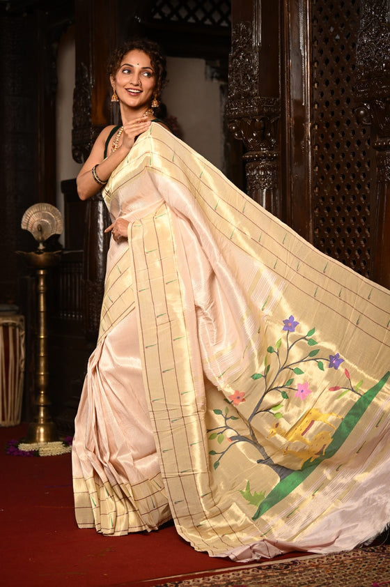 Mahalakshmi ~ Handloom Pure Silk Triple Muniya Border Paithani with Deer Pallu in Ivory