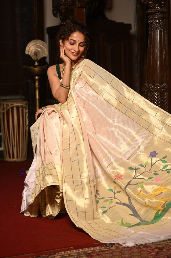 Mahalakshmi ~ Handloom Pure Silk Triple Muniya Border Paithani with Deer Pallu in Ivory