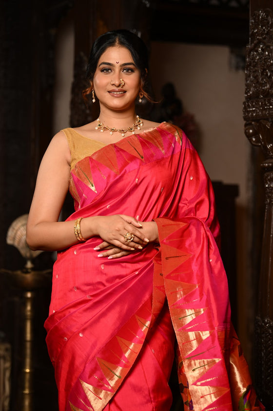 Mahalakshmi Premium ~ Handloom Pure Silk Temple Muniya Border Paithani with Floral Pallu in Rani Pink