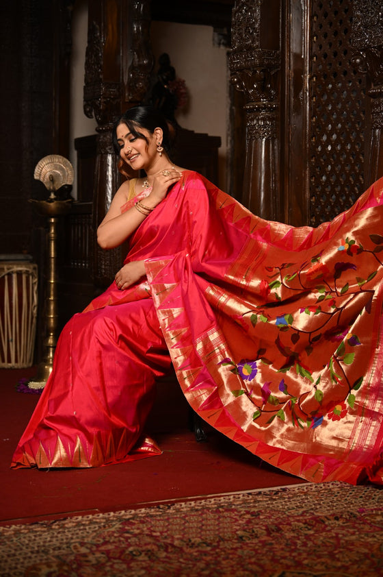 Mahalakshmi Premium ~ Handloom Pure Silk Temple Muniya Border Paithani with Floral Pallu in Rani Pink