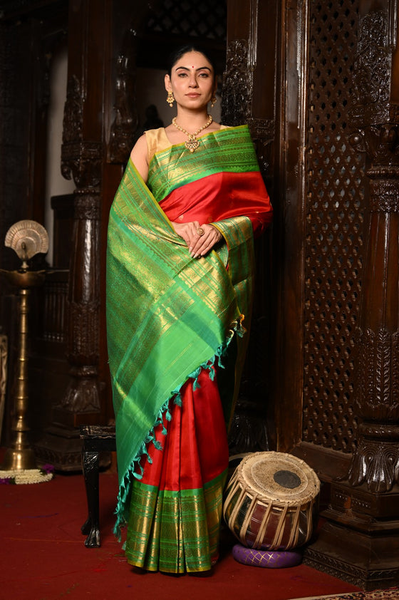 Mahalakshmi ~ Gadwal Pure Silk Handloom Saree in Fierce Red and Green