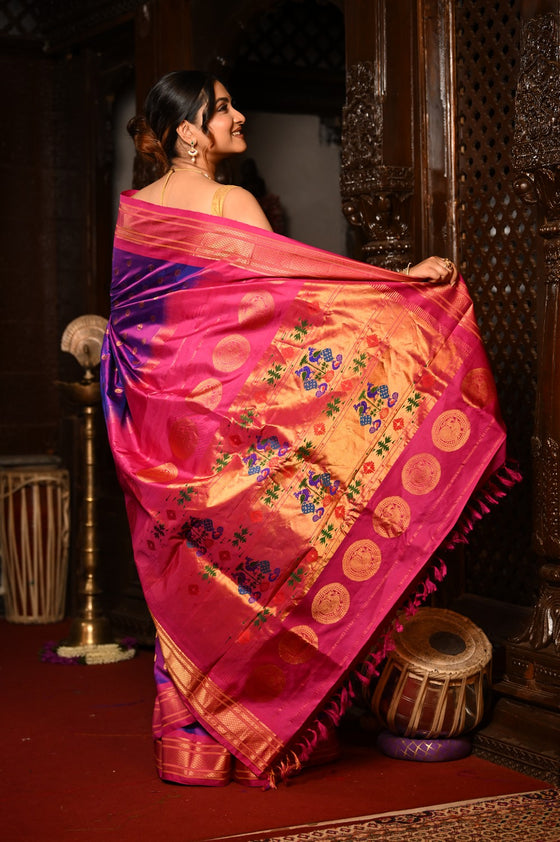 Mahalakshmi Chandrakor ~ Handloom Pure Silk Paithani with Maharani Pallu in Dual Tone Purple Pink