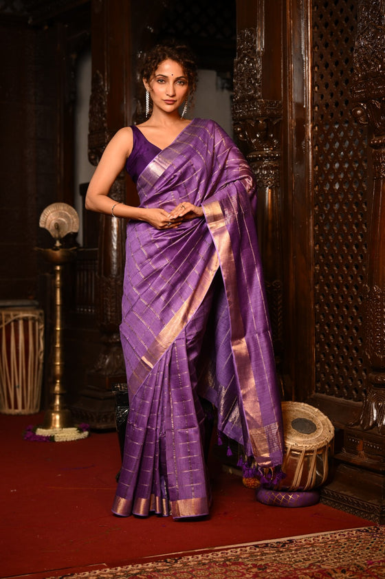 Mahalakshmi ~ Designed by VMI Silk Linen Saree with All Over Checks ~ Purple