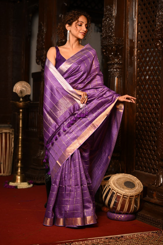 Mahalakshmi ~ Designed by VMI Silk Linen Saree with All Over Checks ~ Purple