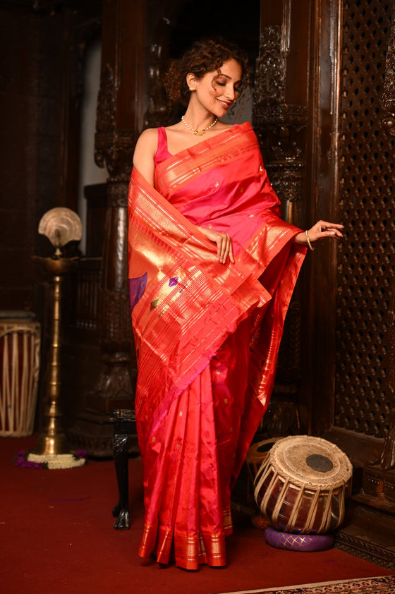 Mahalakshmi ~ Handloom Pure Silk Paithani with Peacock Pallu in Peach Pink