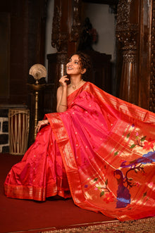  Mahalakshmi ~ Handloom Pure Silk Paithani with Peacock Pallu in Peach Pink