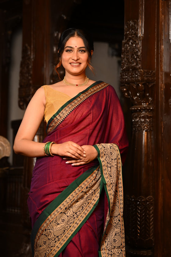 Mahalakshmi ~ Designer Cotton Saree in Maroon with Beige Border