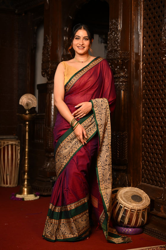 Mahalakshmi ~ Designer Cotton Saree in Maroon with Beige Border