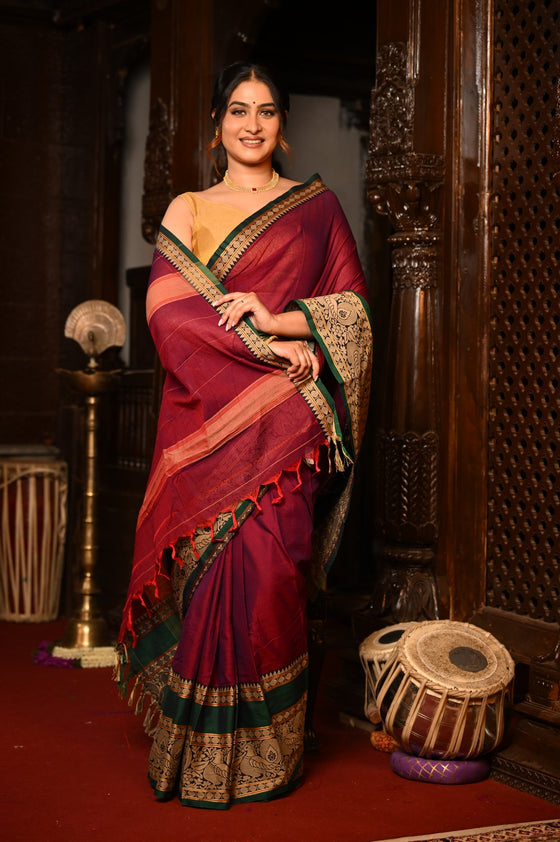 Mahalakshmi ~ Designer Cotton Saree in Maroon with Beige Border