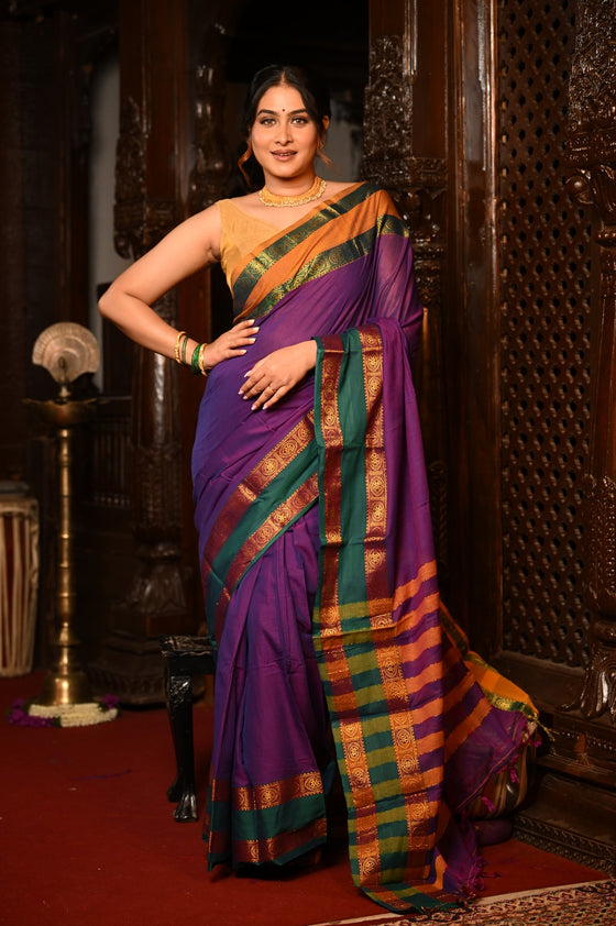 Mahalakshmi ~ Designer Cotton Saree in Purple with Green Border