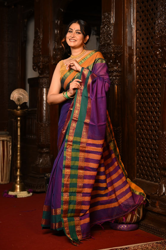Mahalakshmi ~ Designer Cotton Saree in Purple with Green Border