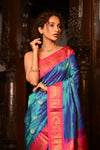 Mahalakshmi ~ Handloom Pure Silk Maharani Paithani with Maharani Pallu in Azure Blue & Pink