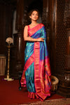Mahalakshmi ~ Handloom Pure Silk Maharani Paithani with Maharani Pallu in Azure Blue & Pink