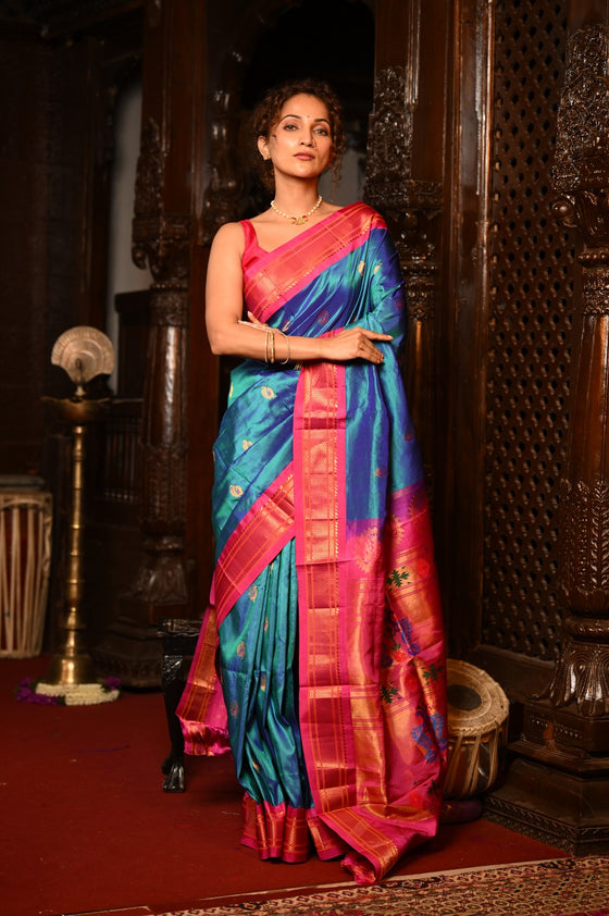 Mahalakshmi ~ Handloom Pure Silk Maharani Paithani with Maharani Pallu in Azure Blue & Pink