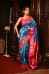 Mahalakshmi ~ Handloom Pure Silk Maharani Paithani with Maharani Pallu in Azure Blue & Pink