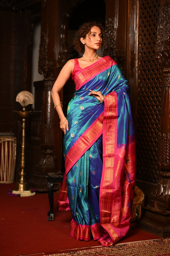 Mahalakshmi ~ Handloom Pure Silk Maharani Paithani with Maharani Pallu in Azure Blue & Pink