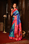 Mahalakshmi ~ Handloom Pure Silk Maharani Paithani with Maharani Pallu in Azure Blue & Pink