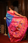 Mahalakshmi ~ Handloom Pure Silk Maharani Paithani with Maharani Pallu in Azure Blue & Pink