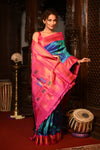 Mahalakshmi ~ Handloom Pure Silk Maharani Paithani with Maharani Pallu in Azure Blue & Pink