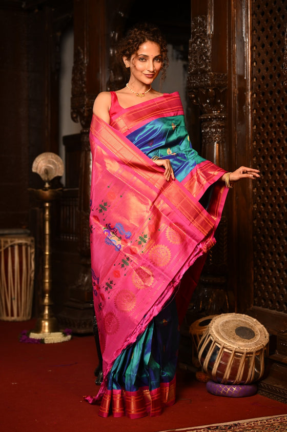 Mahalakshmi ~ Handloom Pure Silk Maharani Paithani with Maharani Pallu in Azure Blue & Pink