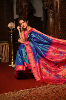  Mahalakshmi ~ Handloom Pure Silk Maharani Paithani with Maharani Pallu in Azure Blue & Pink
