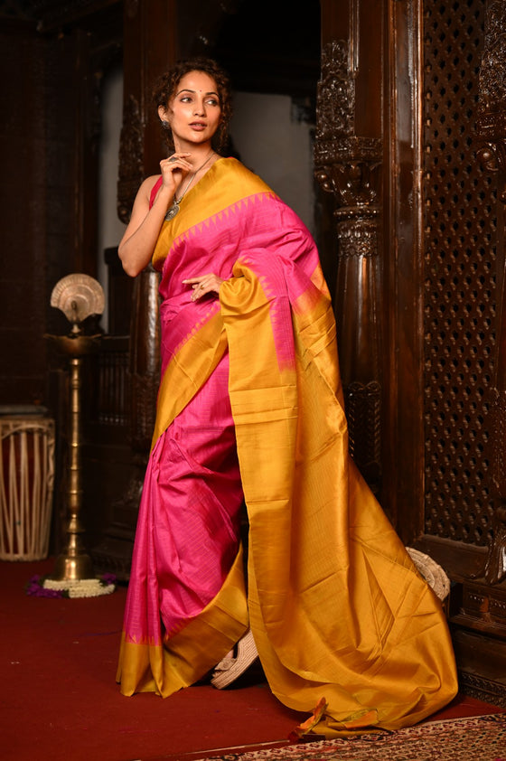 Mahalakshmi ~ Gadwal Pure Silk Handloom Saree in Powder Pink and Yellow