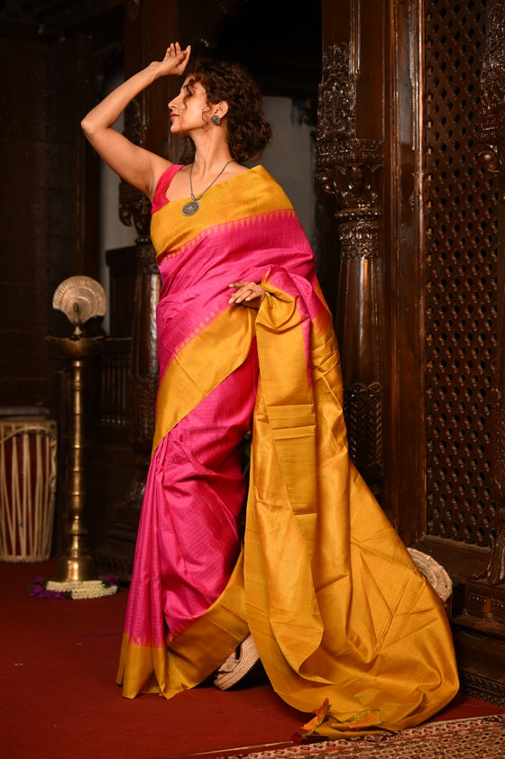Mahalakshmi ~ Gadwal Pure Silk Handloom Saree in Powder Pink and Yellow