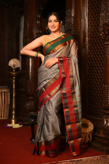  Mahalakshmi ~ Designer Cotton Saree in Grey with Ganga Jamuna Border