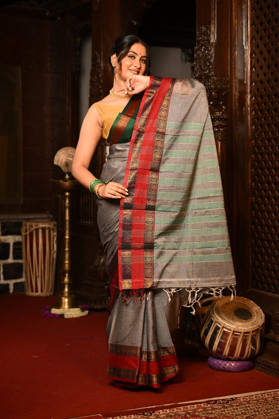 Mahalakshmi ~ Designer Cotton Saree in Grey with Ganga Jamuna Border