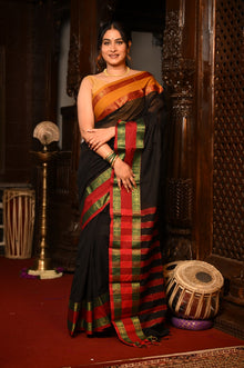  Mahalakshmi ~ Designer Cotton Saree in Black with Ganga Jamuna Border