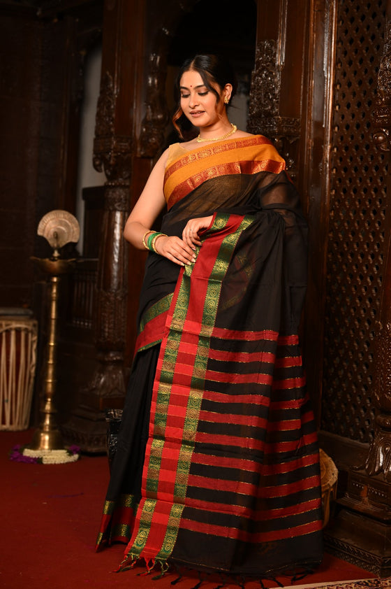 Mahalakshmi ~ Designer Cotton Saree in Black with Ganga Jamuna Border