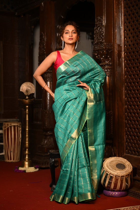 Mahalakshmi ~ Designed by VMI Silk Linen Saree with All Over Checks ~ Sea Green