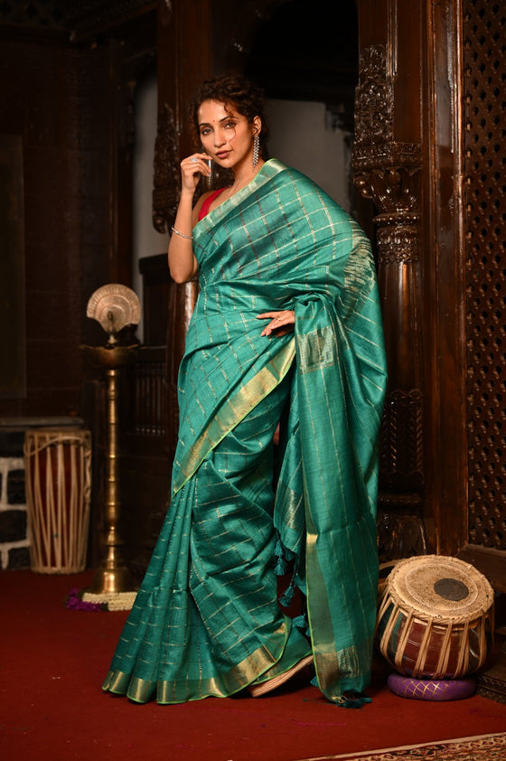 Mahalakshmi ~ Designed by VMI Silk Linen Saree with All Over Checks ~ Sea Green