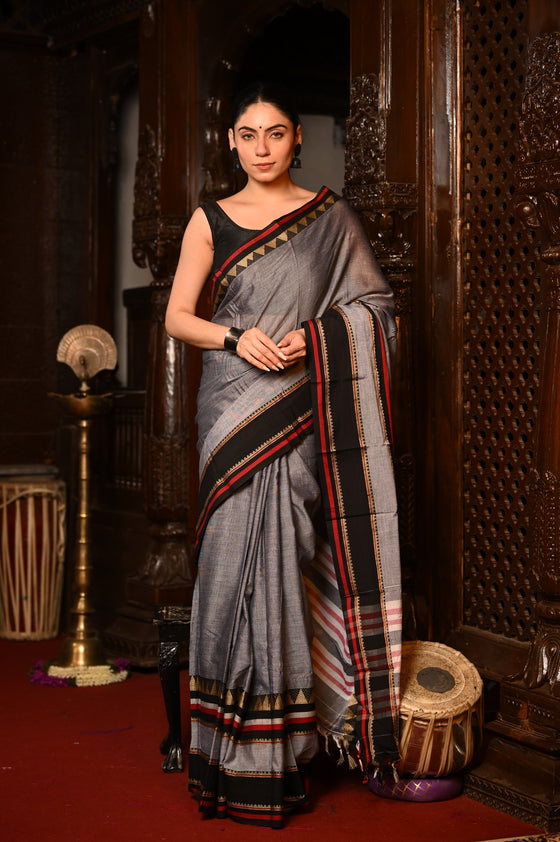 Mahalakshmi ~ Designer Cotton Saree in Grey with Black Border