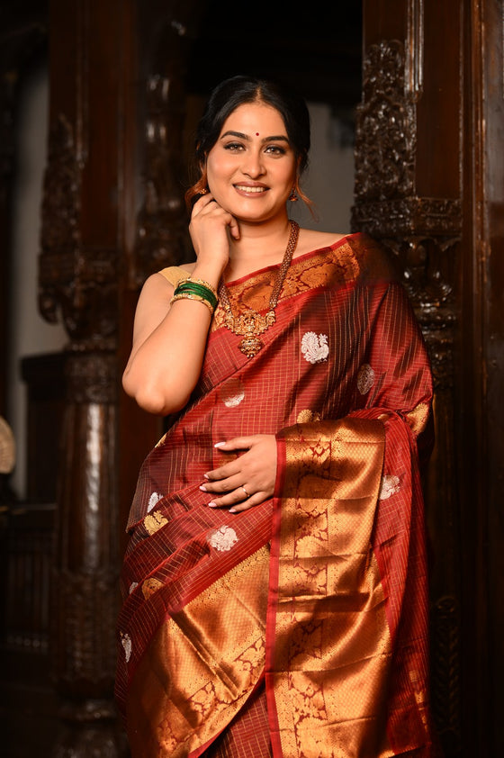 Mahalakshmi ~ Gadwal Pure Silk Handloom Saree with All Over Brocade Checks in Maroon & Gold