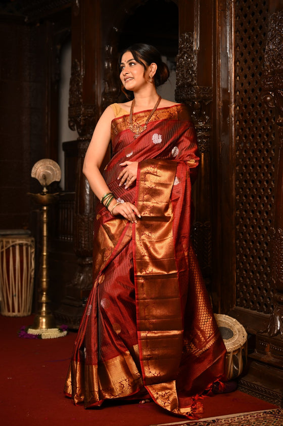 Mahalakshmi ~ Gadwal Pure Silk Handloom Saree with All Over Brocade Checks in Maroon & Gold