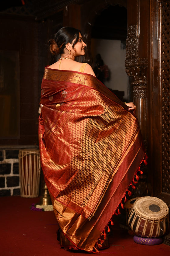 Mahalakshmi ~ Gadwal Pure Silk Handloom Saree with All Over Brocade Checks in Maroon & Gold