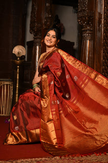  Mahalakshmi ~ Gadwal Pure Silk Handloom Saree with All Over Brocade Checks in Maroon & Gold