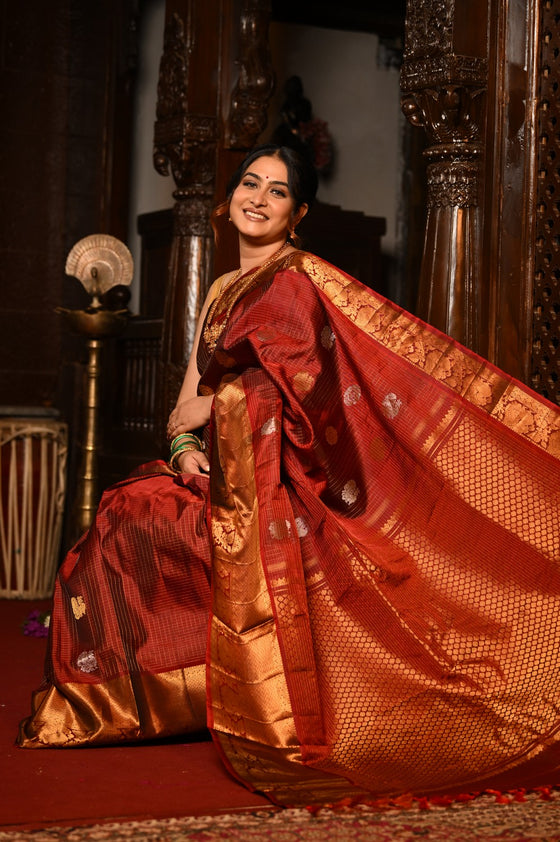 Mahalakshmi ~ Gadwal Pure Silk Handloom Saree with All Over Brocade Checks in Maroon & Gold