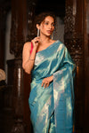Exclusive Premium ! Mahalakshmi ~ Handloom Pure Silk Muniya Border Tissue Paithani with Peacock Pallu in Azure Blue