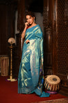 Exclusive Premium ! Mahalakshmi ~ Handloom Pure Silk Muniya Border Tissue Paithani with Peacock Pallu in Azure Blue